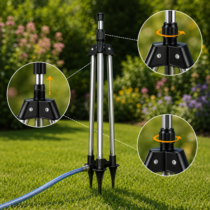 Arroseur automatique RainSpin pour jardin, parfait pour l'entretien et l'irrigation de la pelouse.