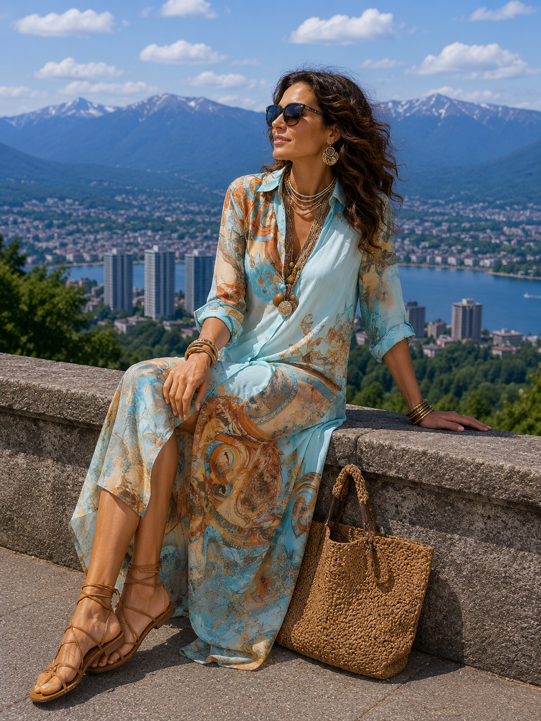 Robe chemise longue fluide femme à imprimé artistique élégant, parfaite pour l'été et le printemps.
