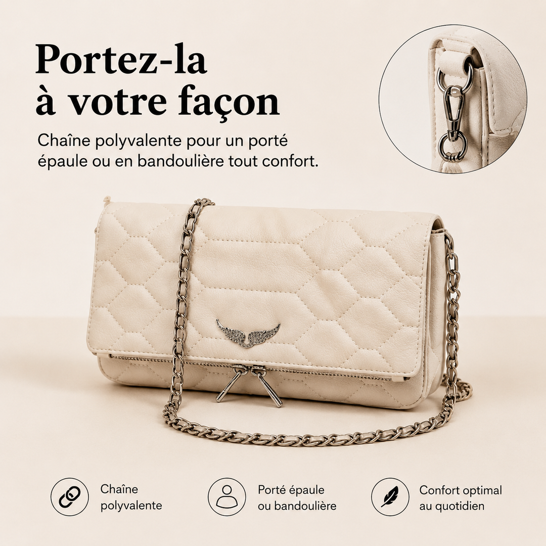 Pochette femme luxe Ravenna, organisateur sophistiqué avec bandoulière détachable.