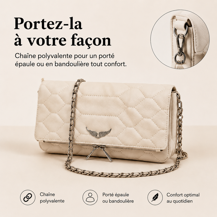Pochette femme luxe Ravenna, organisateur sophistiqué avec bandoulière détachable.