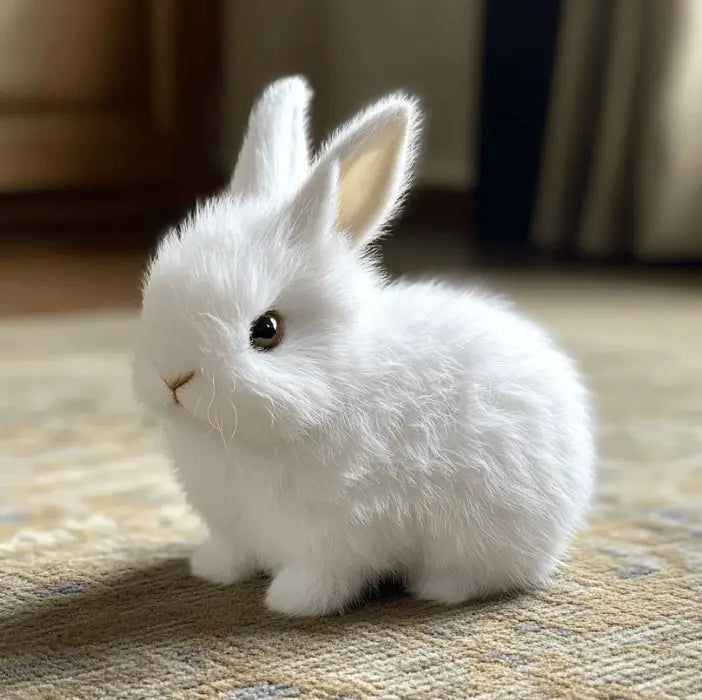 Jouet lapin réaliste en peluche douce, avec pelage naturel et mouvements, idéal pour les enfants.