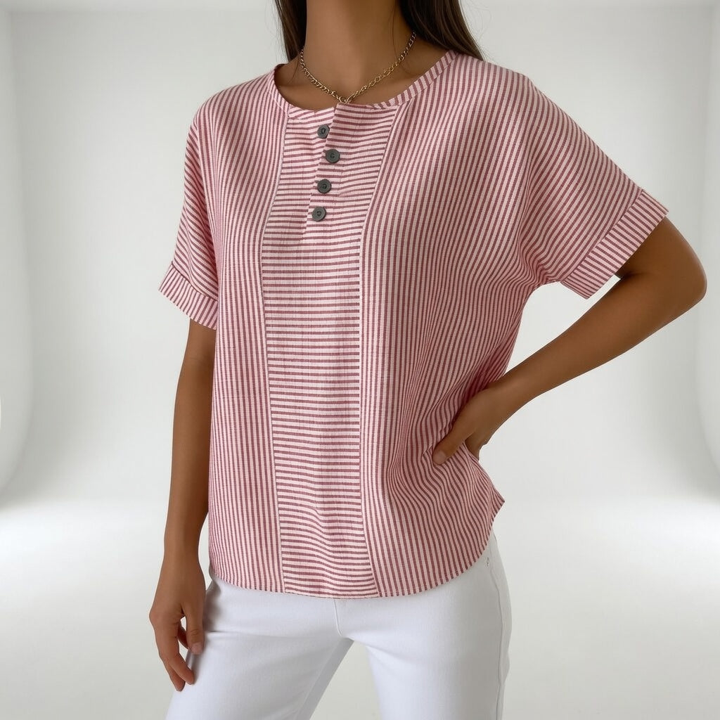 Chemisier femme en lin rayé, manches courtes, coupe décontractée. Idéal pour un look estival frais et stylé.
