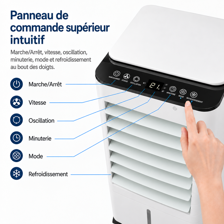 Refroidisseur d'air évaporatif mobile, idéal pour chambre, salon ou espace de travail.