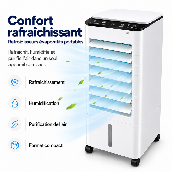 Ventilateur et humidificateur d'air portable, crée un climat intérieur agréable.