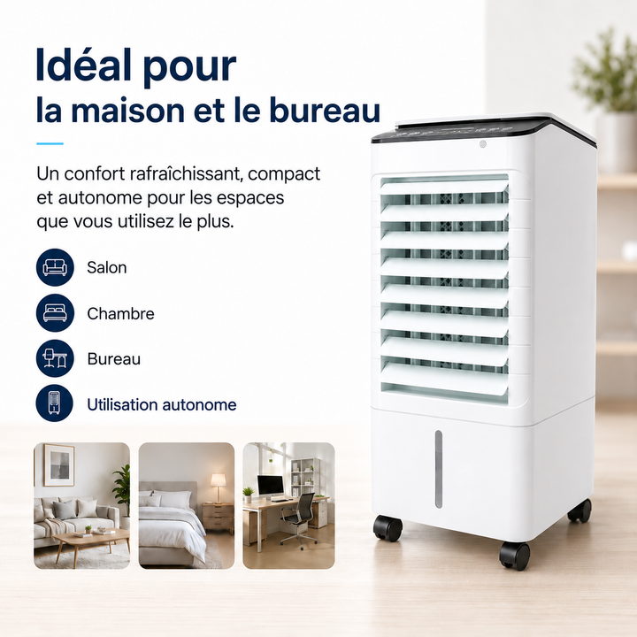 Climatiseur portable compact avec réservoir d'eau pour une humidification saine.