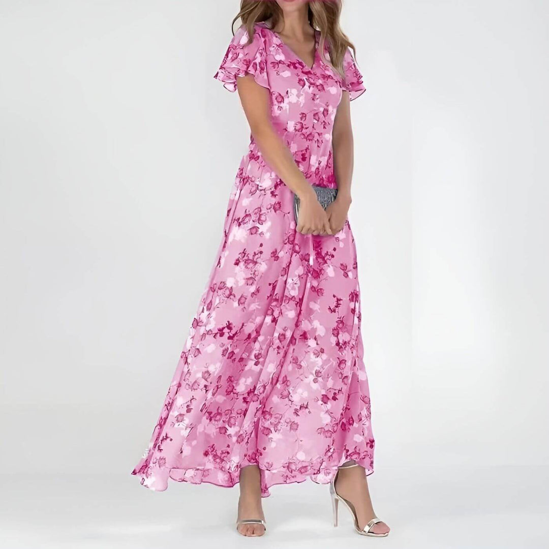 Robe longue fleurie femme, décolleté V, coupe fluide et légère. Tenue estivale élégante, idéale pour mode printanière.