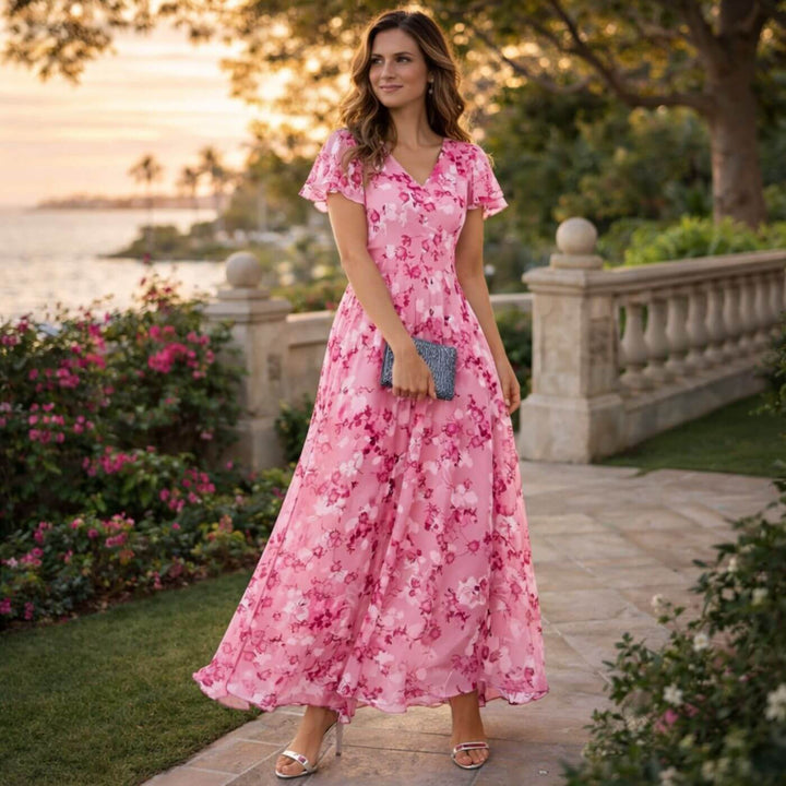 Robe maxi fluide fleurie, décolleté V élégant et confortable pour femme. Style été chic, parfaite pour les vacances.