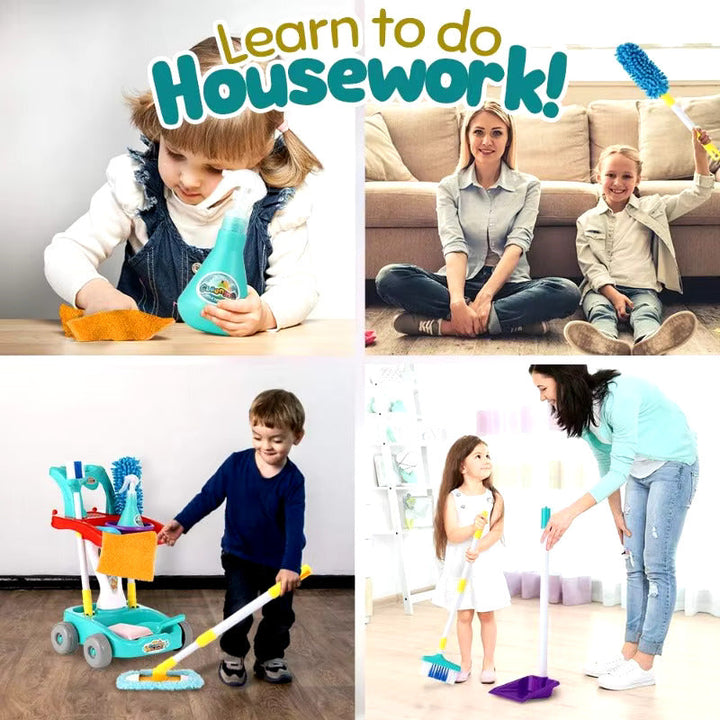 Jeu de rôle nettoyage pour enfants: balai, pelle, et brosse, une activité éducative pour le développement.
