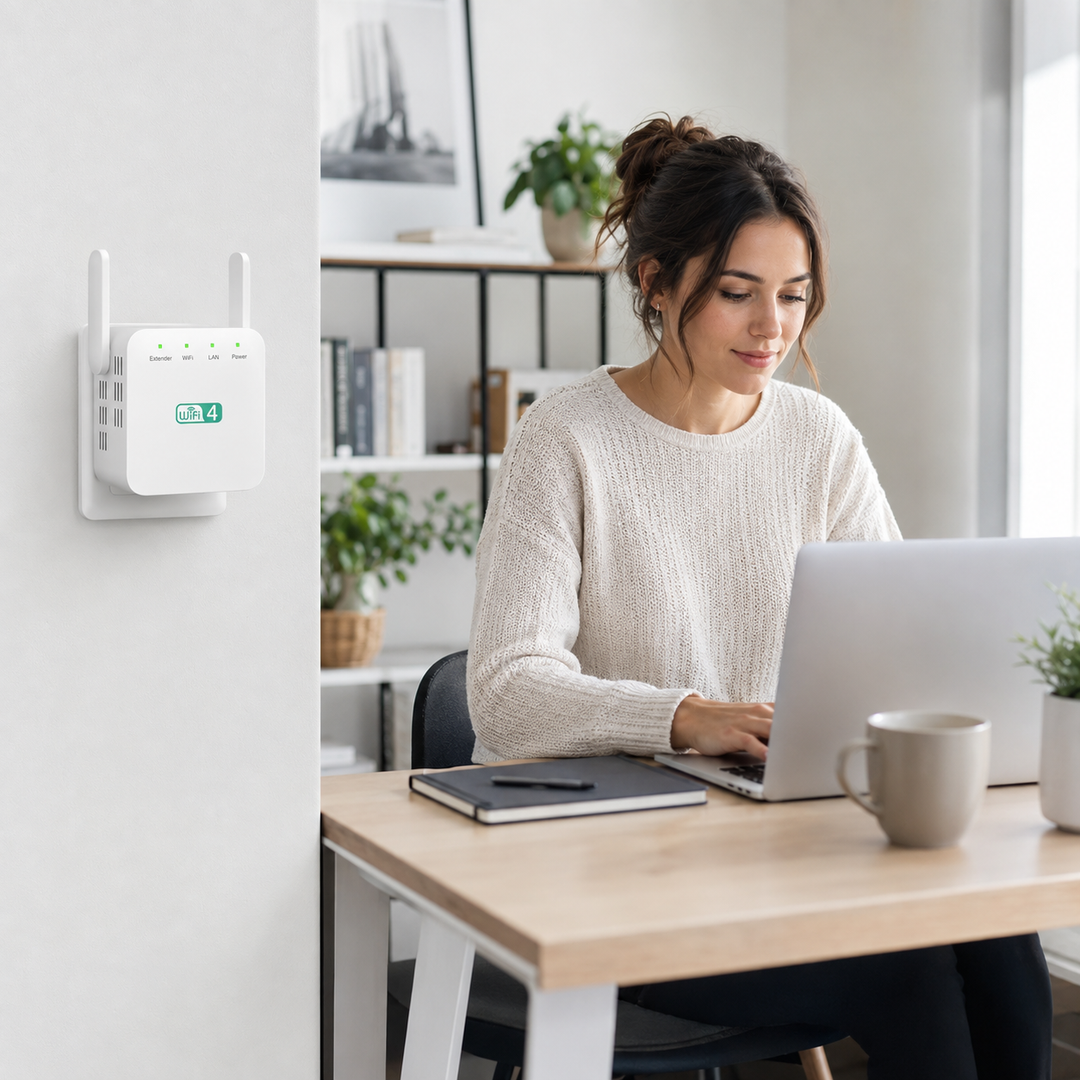 Répéteur WiFi compact et puissant pour étendre votre connexion internet efficacement.