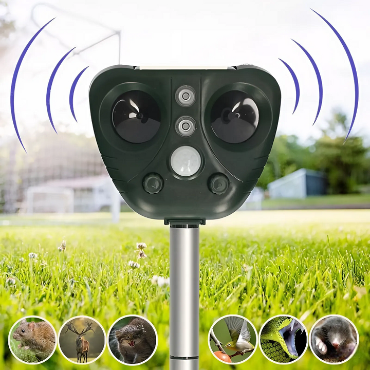 Appareil répulsif à ultrasons solaire pour protéger jardin et ferme. Détection mouvement autonome.