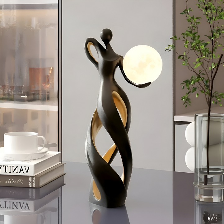 Figurine abstraite lumineuse design pour décoration intérieure moderne, ambiance chaleureuse.