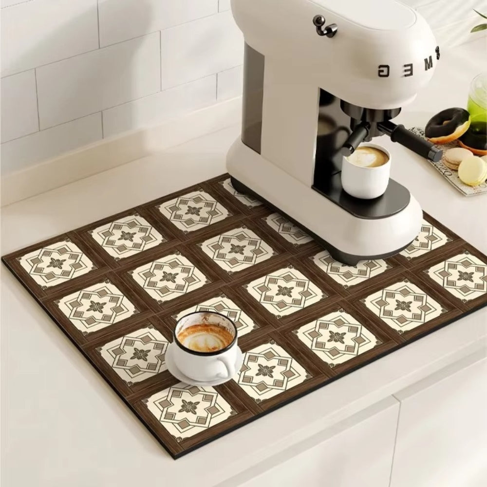 Tapis de séchage pour tasse à café rétro, absorbant et antidérapant. Décoration cuisine élégante.