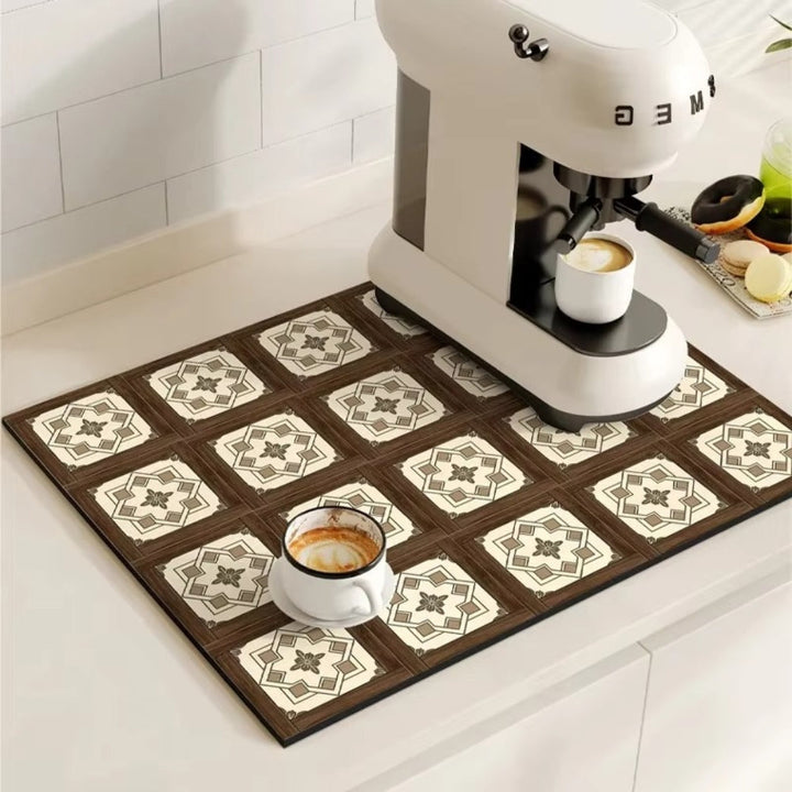 Tapis de séchage pour tasse à café rétro, absorbant et antidérapant. Décoration cuisine élégante.