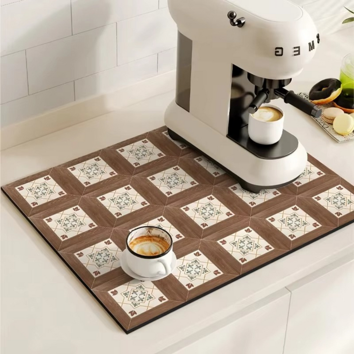 Tapis absorbant antidérapant pour zone café. Style vintage, protection du comptoir, séchage rapide.
