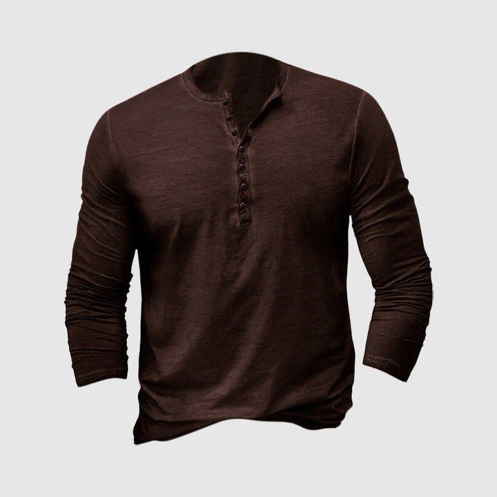 T-shirt Henley homme marron, manches longues, en coton doux, idéal pour un look casual chic et confortable.