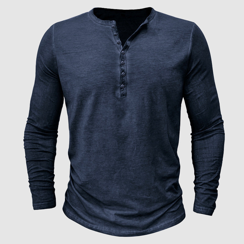 T-shirt Henley homme manches longues bleu, col 3 boutons, style décontracté moderne.
