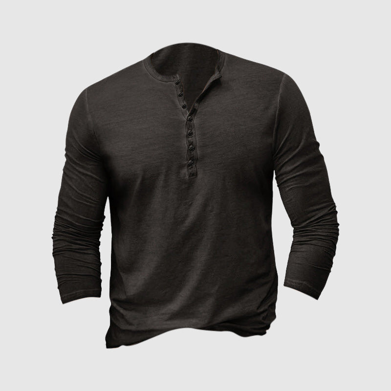 Haut homme Henley confortable, manches longues grises, parfait pour un look casual polyvalent.