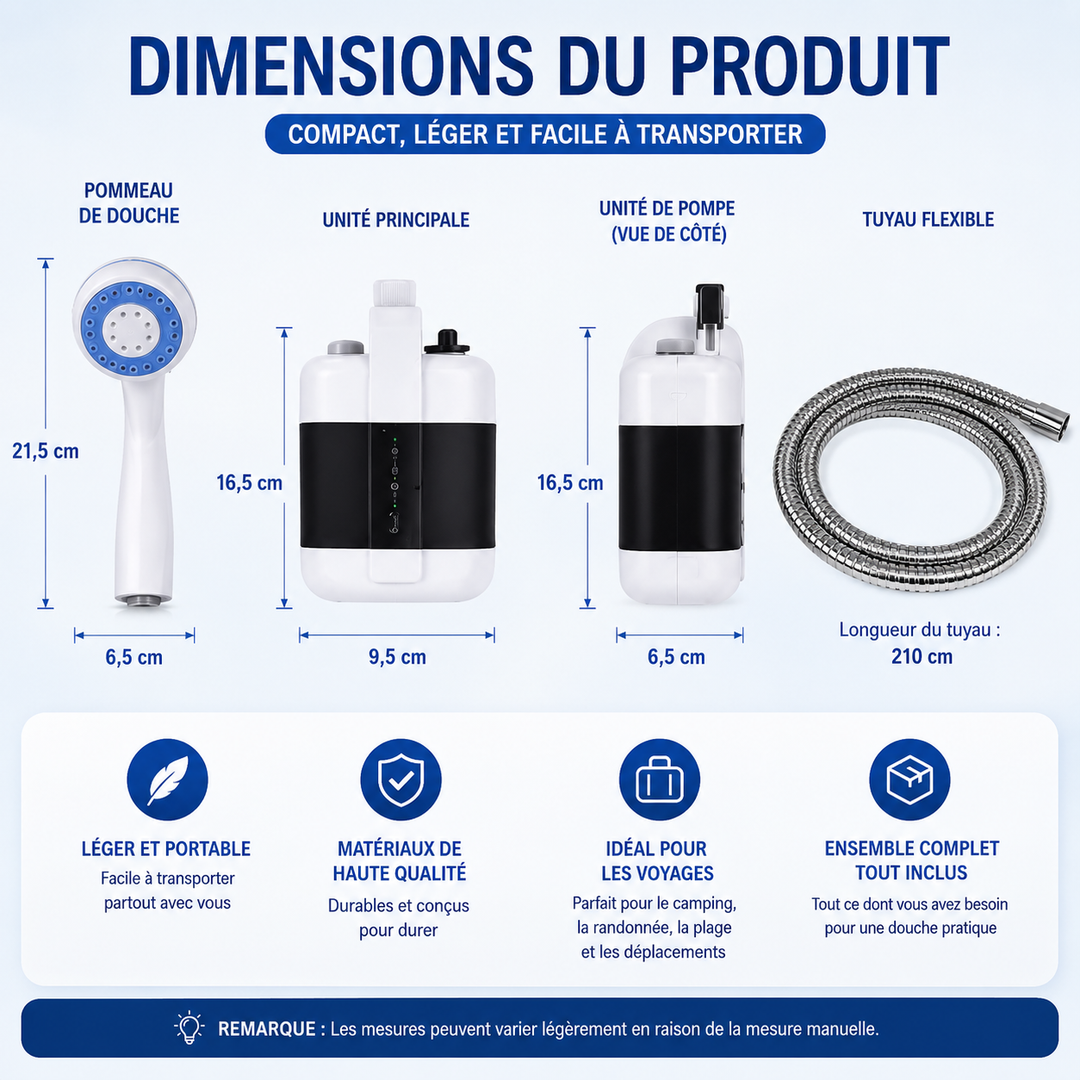 Douche portable RinseSplash compacte et légère, idéale pour hygiène en voyage, camping ou randonnée.