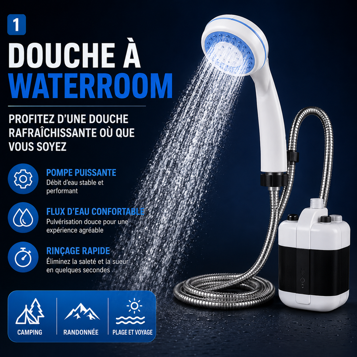 Randonneur se rafraîchissant avec la douche portable USB RinseSplash après une longue marche.