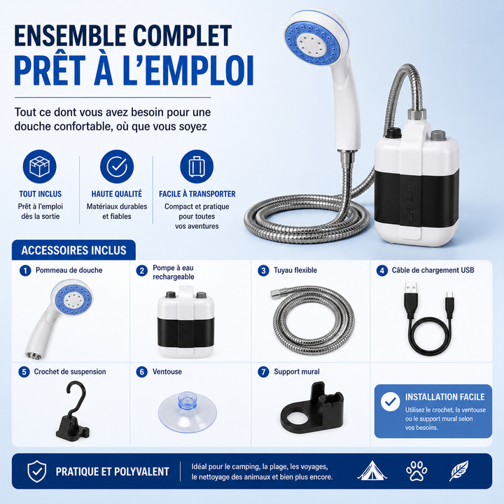 Douche portable USB RinseSplash rechargeable, essentielle pour l'aventure, le voyage et l'extérieur.