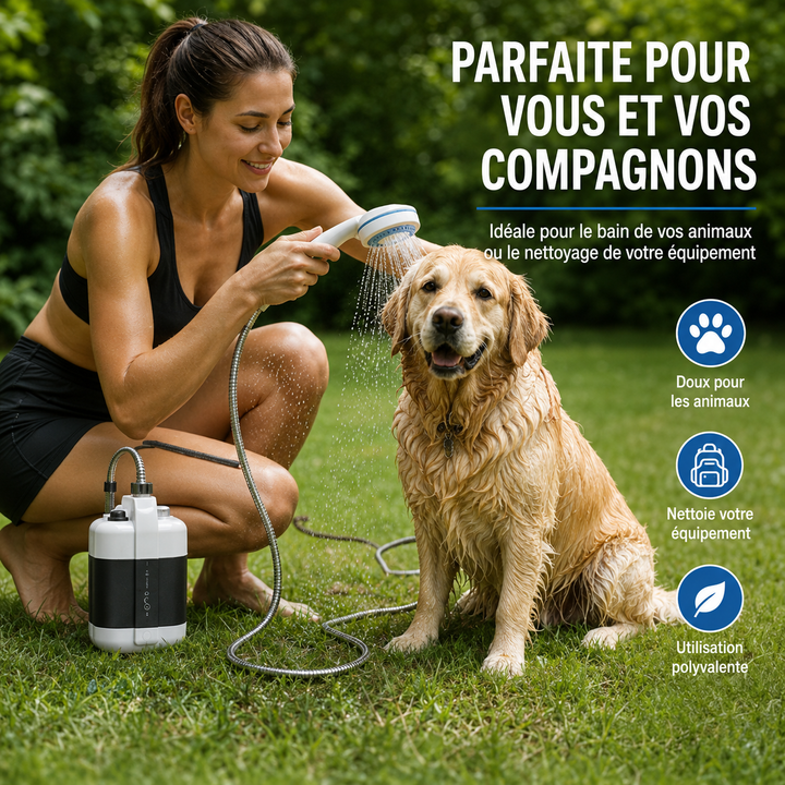 Douche portable RinseSplash installée en pleine nature, offrant hygiène et fraîcheur pour l'aventure.
