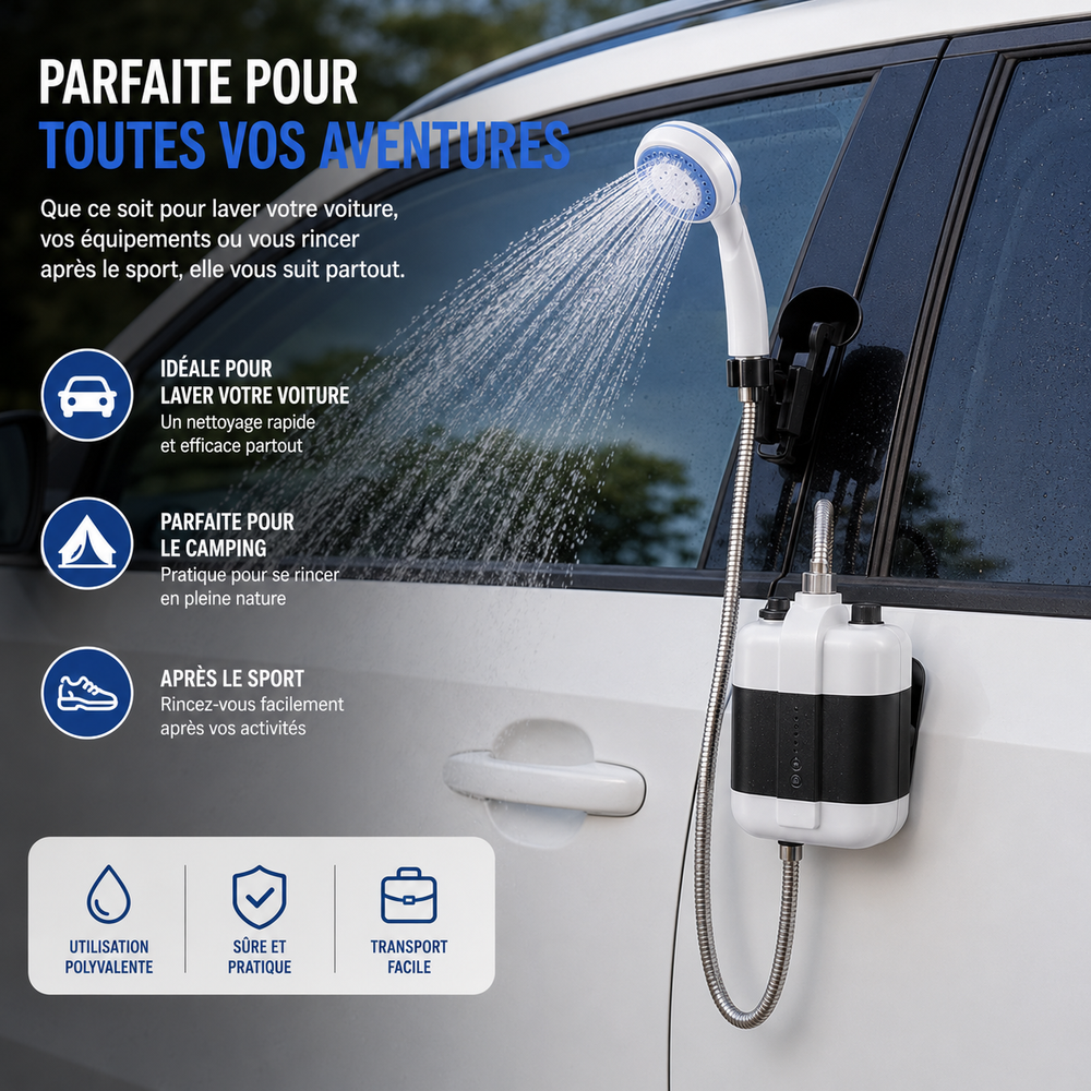 Personne se douchant en camping avec la douche portable RinseSplash, fraîcheur nomade garantie.