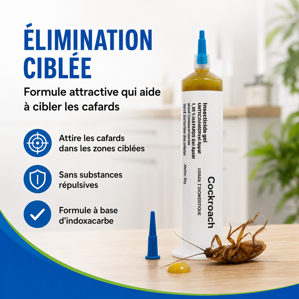 Tube de gel insecticide RoachGuard contre les cafards. Traitement antiparasitaire efficace indoxacarbe.