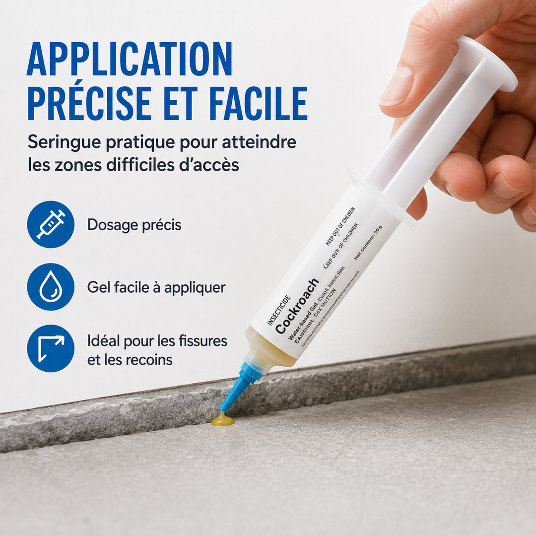 Application précise de l'appât gel RoachGuard anti-cafards. Protection hygiène intérieur/extérieur.