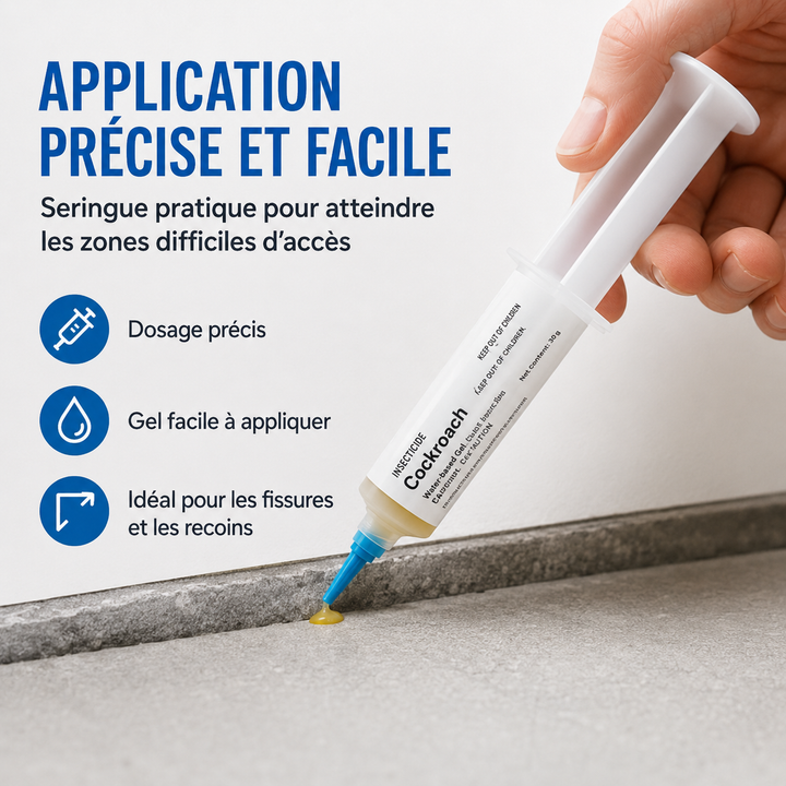 Application précise de l'appât gel RoachGuard anti-cafards. Protection hygiène intérieur/extérieur.