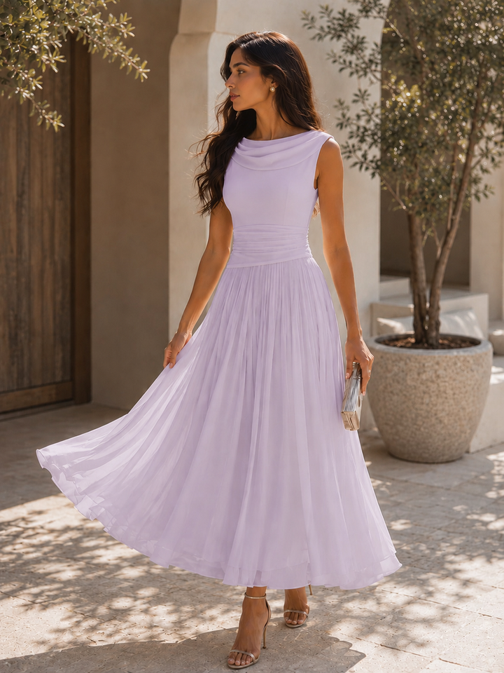 Robe midi ligne A femme, col drapé sophistiqué, jupe plissée fluide. Idéale pour cérémonie ou bal.