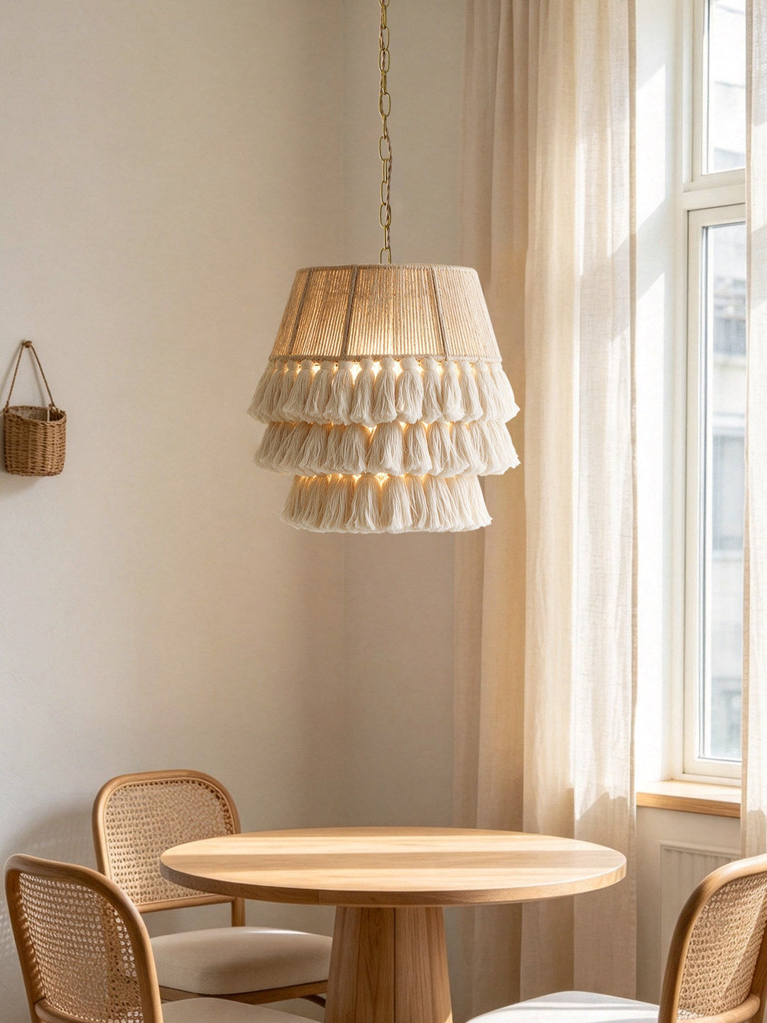 Luminaire suspension en corde naturelle avec franges délicates, design à trois niveaux pour plafond.