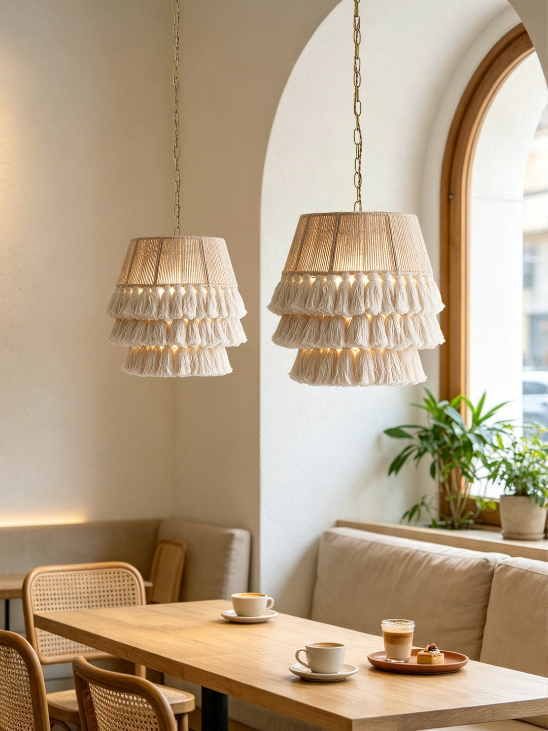 Suspension corde franges bohème, luminaire plafond E27, abat-jour trois niveaux, décoration intérieure unique.