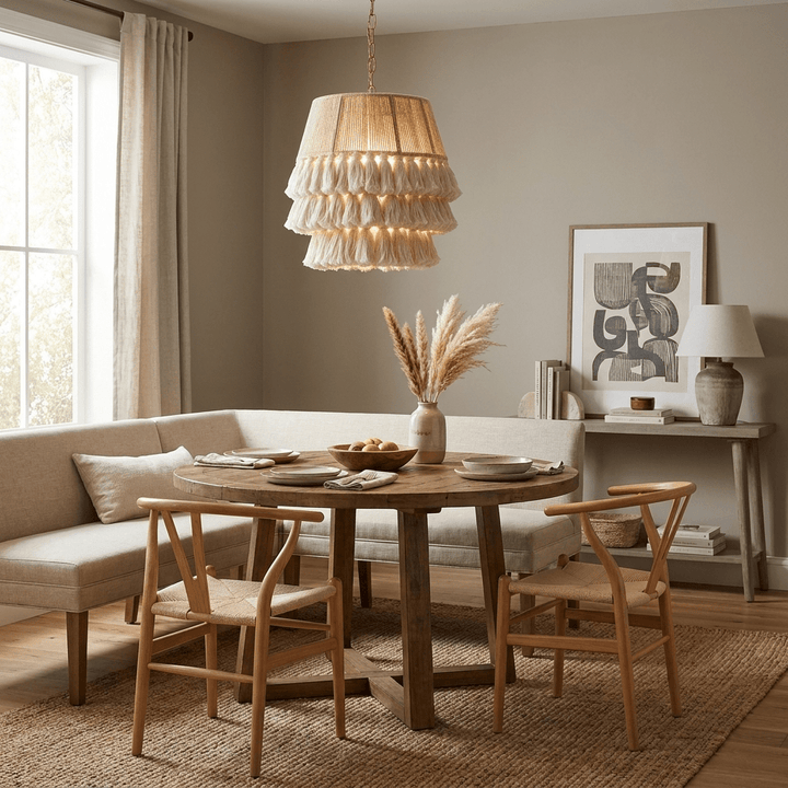 Suspension décorative en corde et franges, abat-jour distinctif à trois étages, pour un intérieur stylisé.
