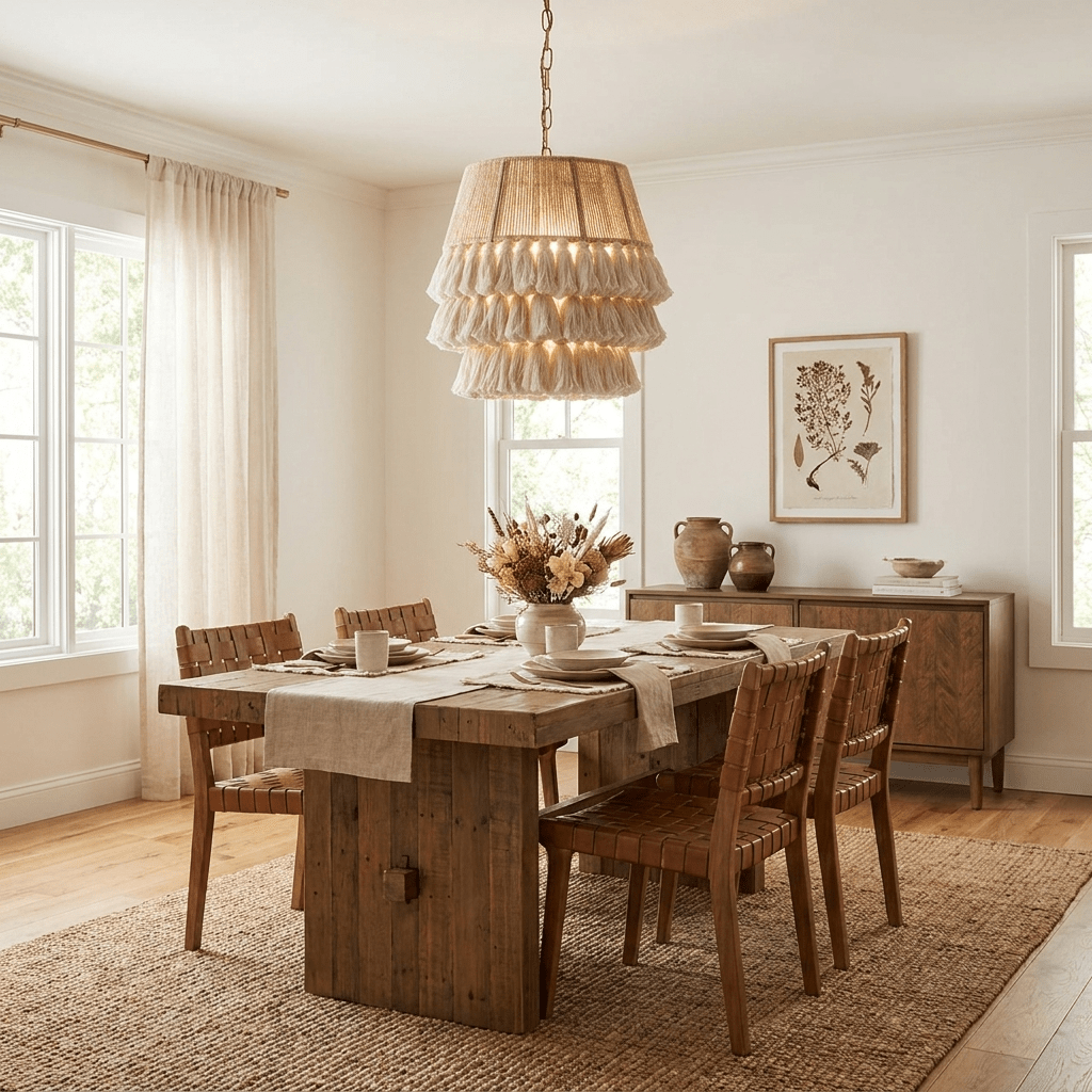 Suspension E27 en corde tressée et franges, abat-jour triple niveau, luminaire bohème pour plafond.