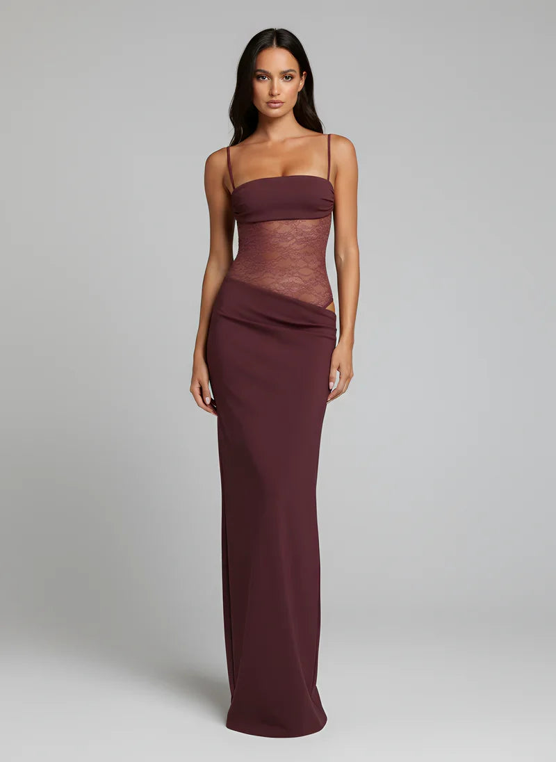 Robe femme longue et élégante, bustier dentelle, bretelles fines. Idéale pour cérémonie, soirée ou cocktail.