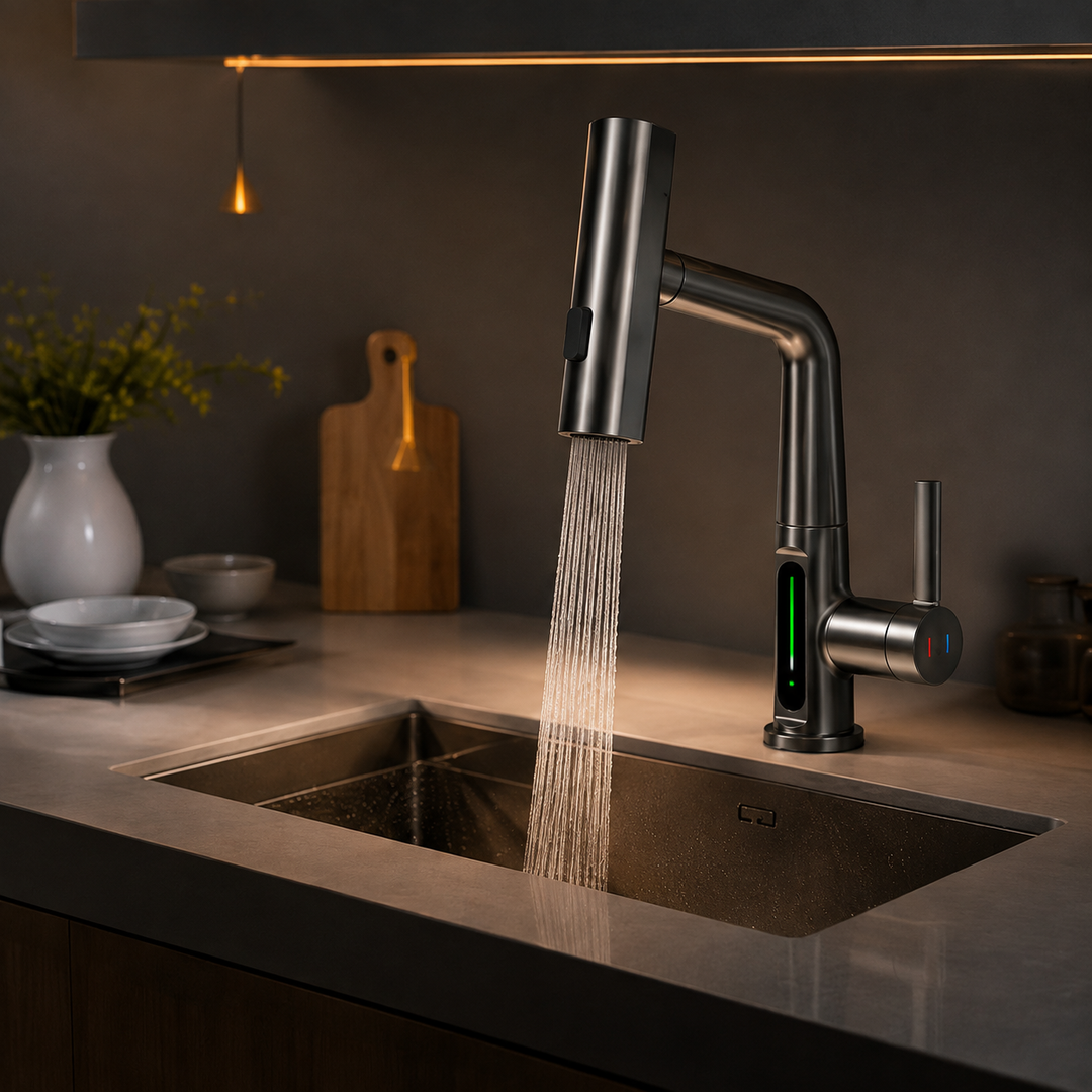 Accessoire cuisine moderne: robinet 5 jets, douchette extractible, écran LED.