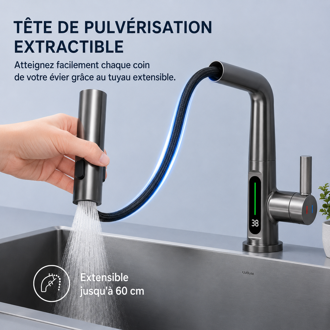 Robinet de cuisine LED 5 jets, flexible et rétractable, pour cuisine moderne.