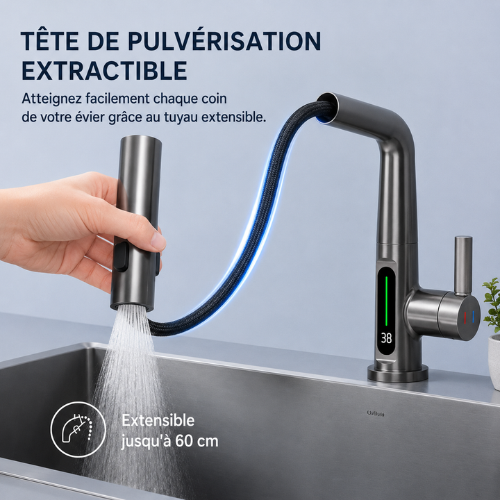 Robinet de cuisine LED 5 jets, flexible et rétractable, pour cuisine moderne.