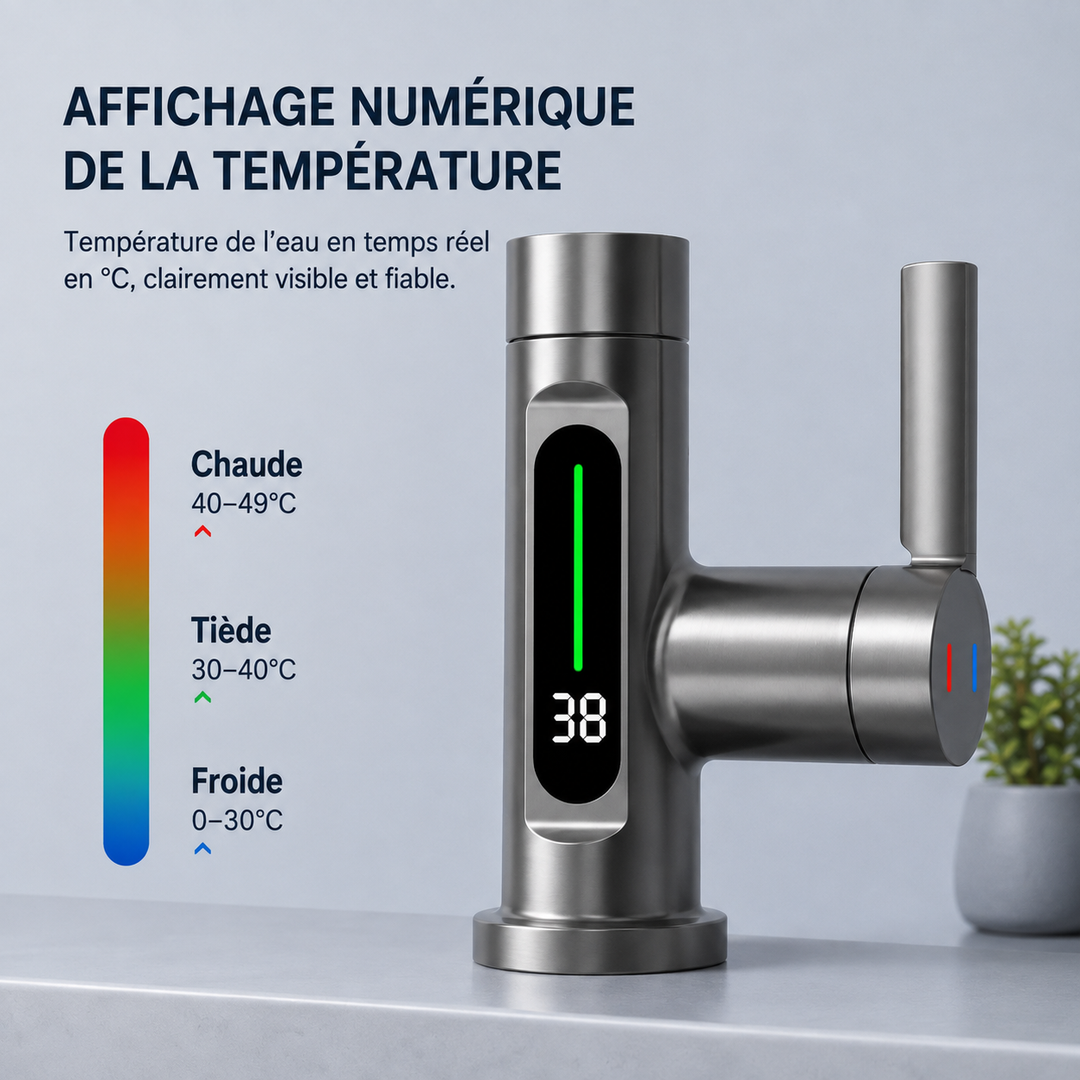 Robinet moderne de cuisine avec affichage température LED et 5 modes de jet.