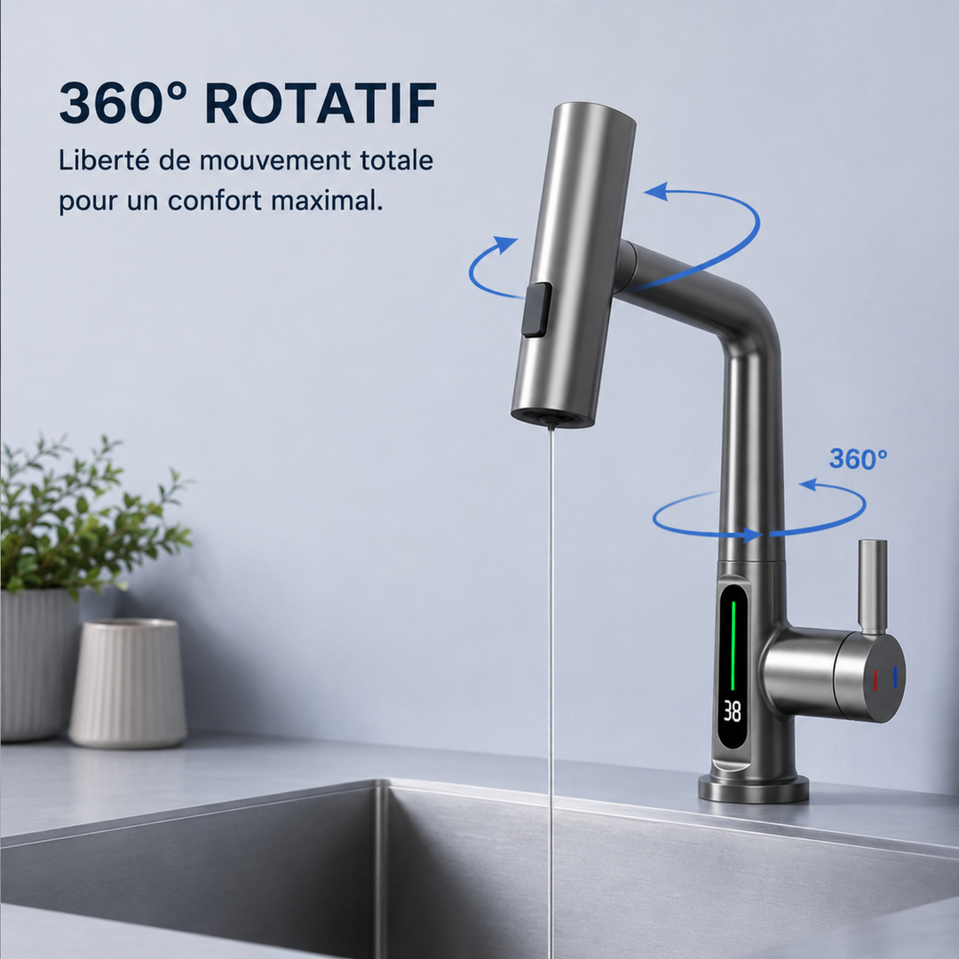 Robinet de cuisine design, 5 jets, affichage LED, douchette rétractable moderne.