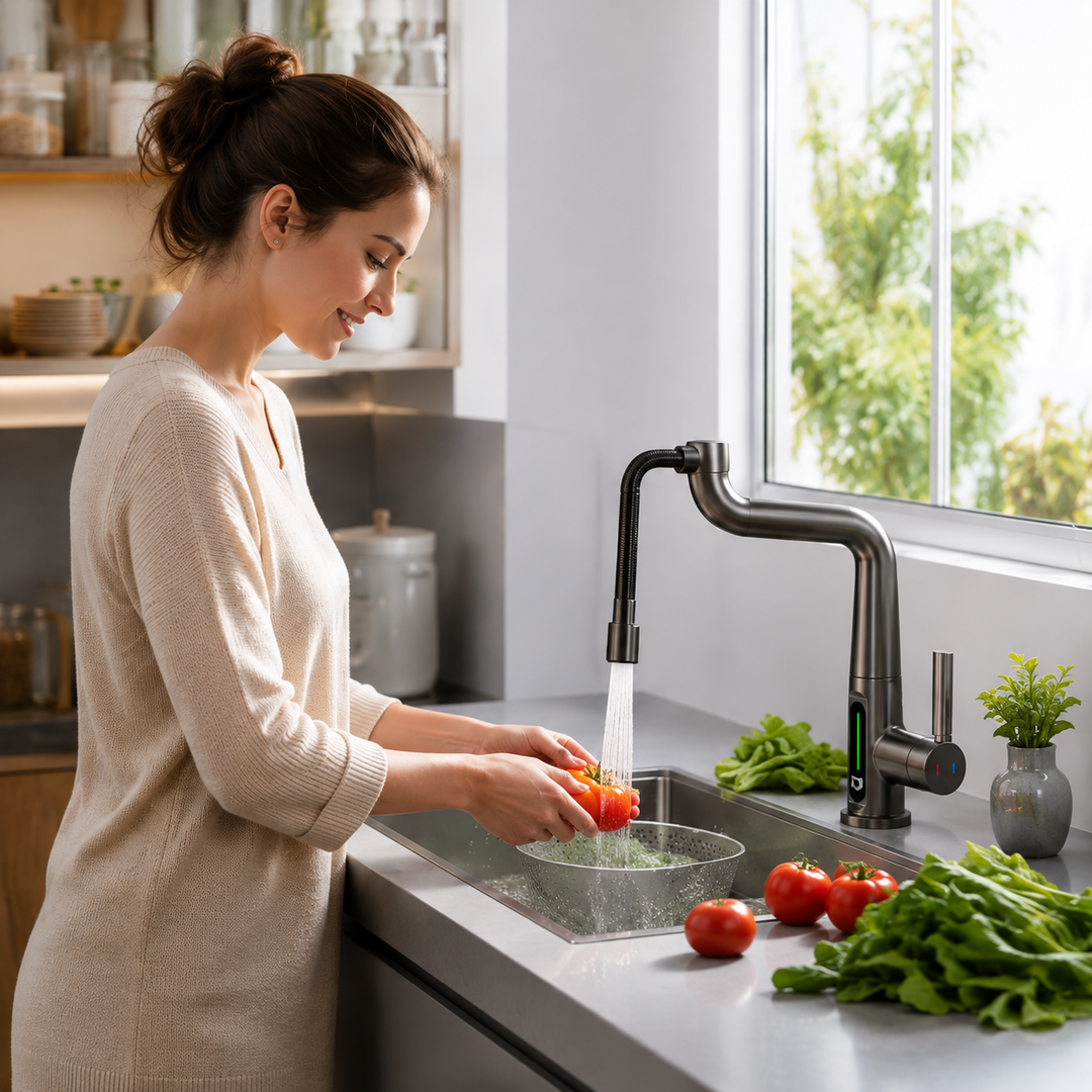 Robinet de cuisine intelligent, 5 jets, affichage LED de température, rétractable.