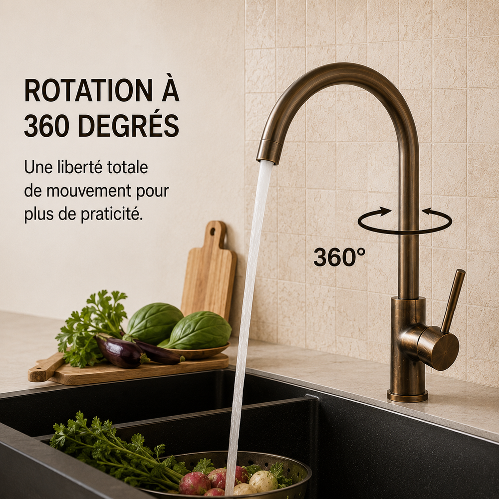 Mitigeur de cuisine pivotant en laiton effet bronze antique, robinetterie mono-commande.