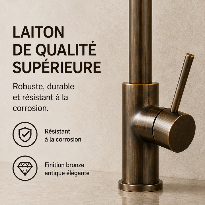 Robinet de cuisine vintage, bronze antique, mono-commande, parfait pour évier de style rétro.