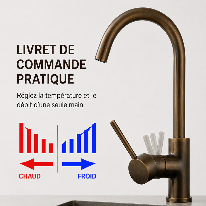 Mitigeur élégant pour évier de cuisine, bronze antique, design pivotant, mono-commande.