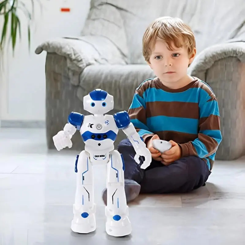 Robot jouet éducatif interactif pour enfants, stimulant motricité et apprentissage.