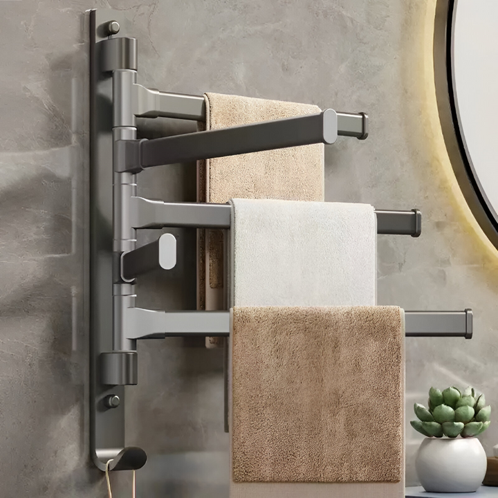 Support mural compact en aluminium pour séchage rapide des serviettes de bain.