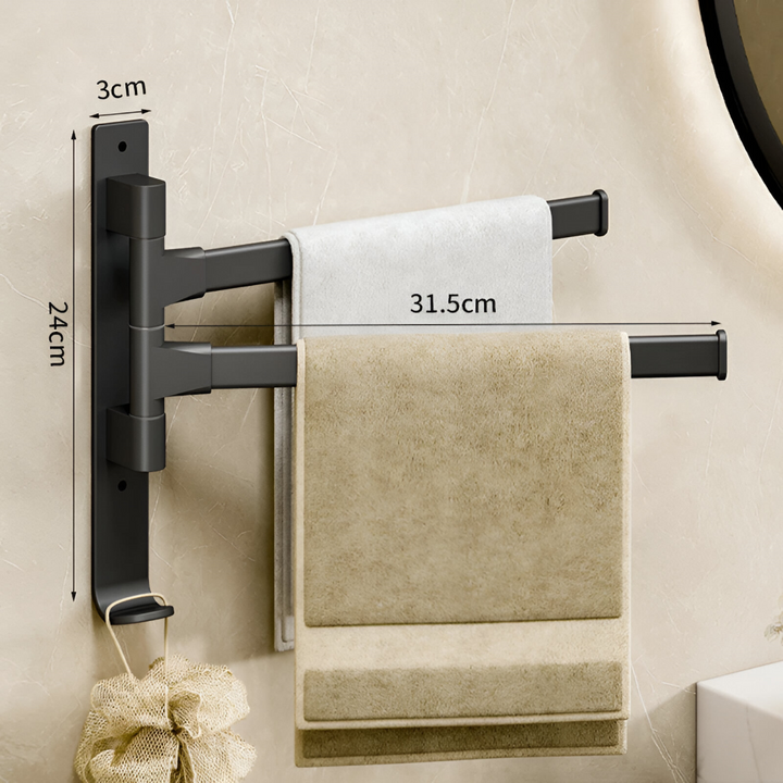 Accessoire de salle de bain: support à serviettes mural rotatif en aluminium.