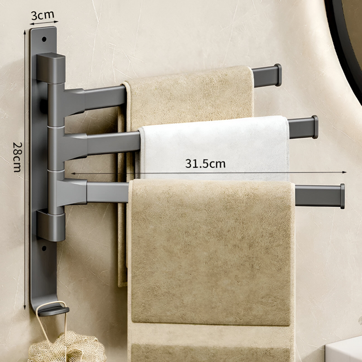 Solution de rangement murale pour serviettes, en aluminium durable et rotatif.