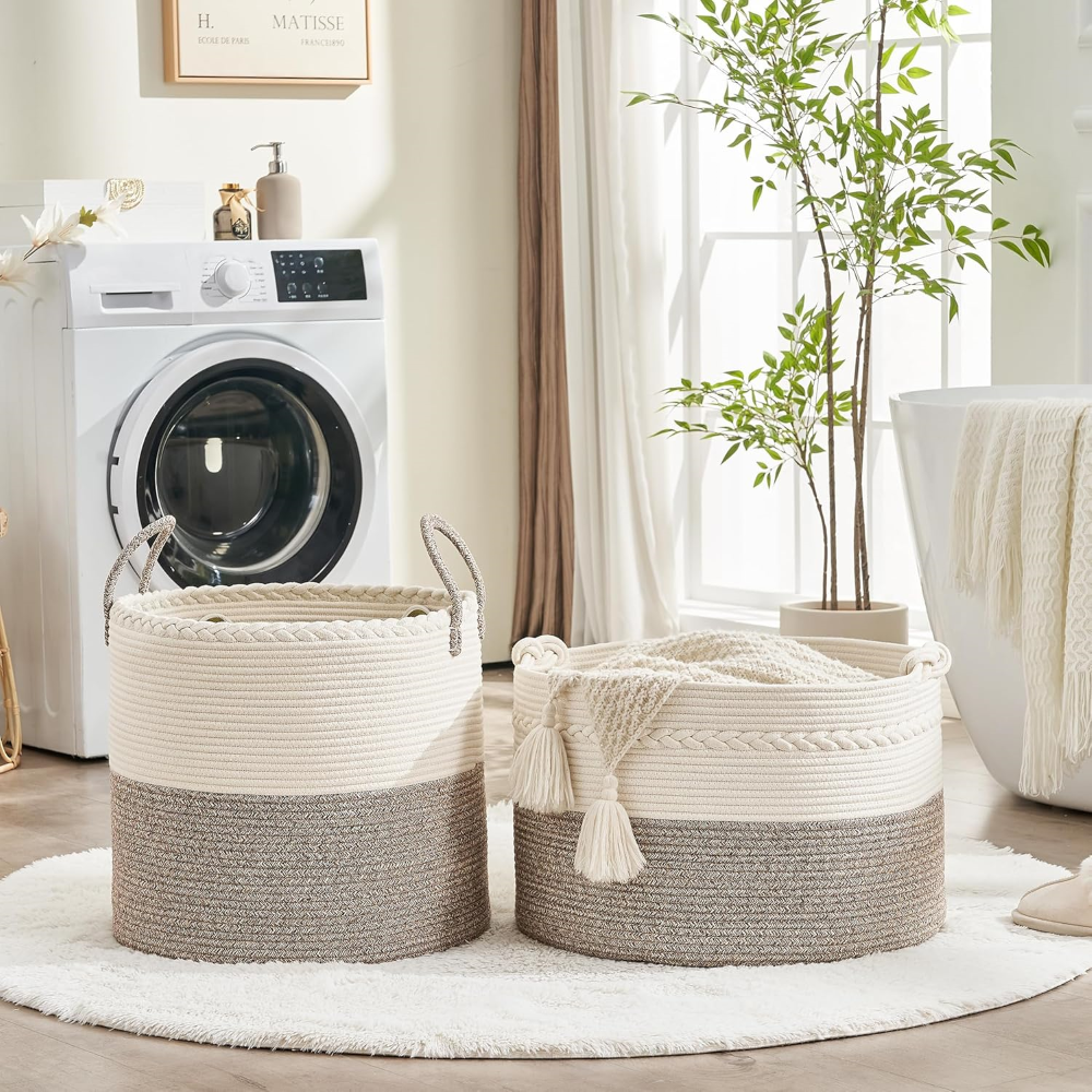 Décoration intérieure: panier de rangement rond en corde de coton. Apporte chaleur et ordre à votre espace.