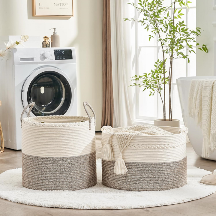 Décoration intérieure: panier de rangement rond en corde de coton. Apporte chaleur et ordre à votre espace.